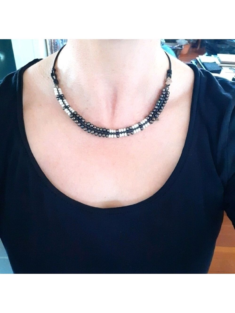 Ravens in Snow Black Pearl Woven Macrame Collar Necklace
